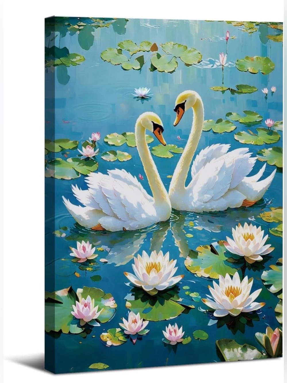 NWT White Swan Pair Canvas Art - Serene Lily Pond 12"x16"